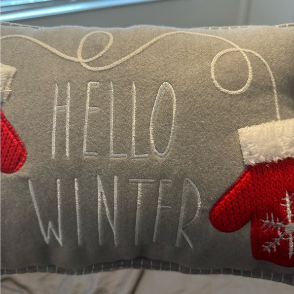 NWOT “Hello Winter” grey throw pillow with red mitten accents - Picture 6 of 7